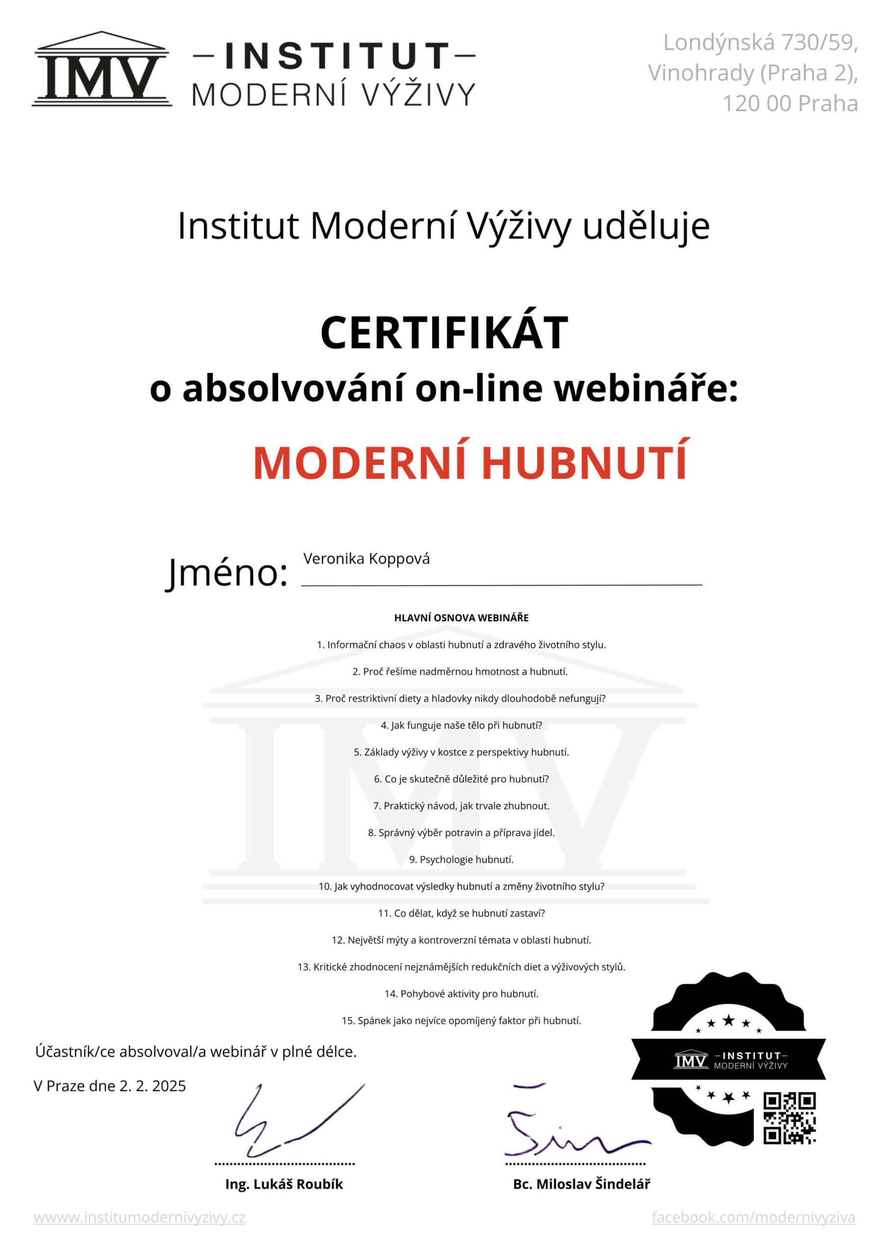 Certifikát moderní hubnutí