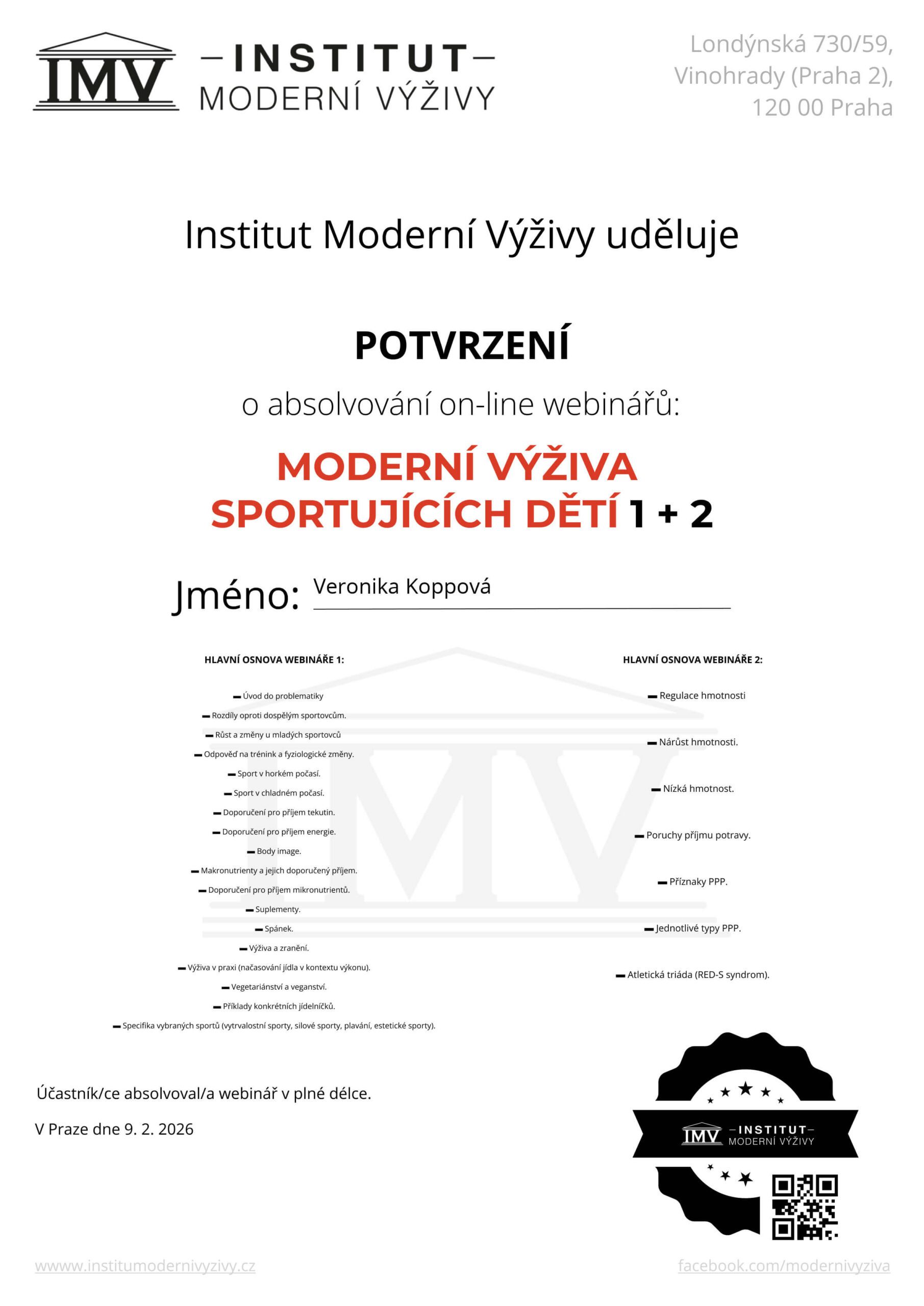 Certifikát sportující děti
