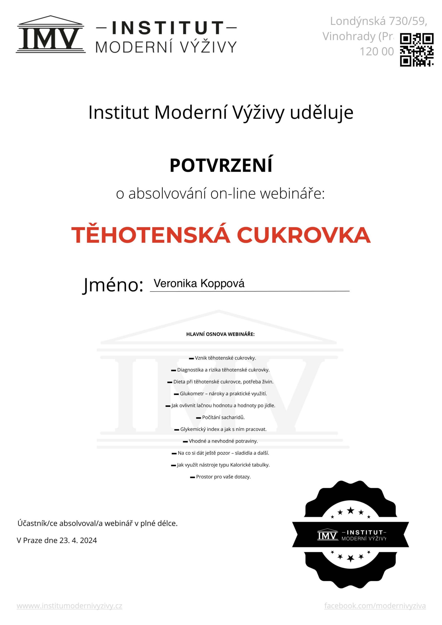 Certifikát těhotenská cukrovka